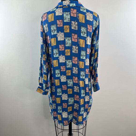 Nishat Linen Pret Blue Tunic Dress Floral Hawaiian Collar Curved Hem X-Small XS - Picture 6 of 9